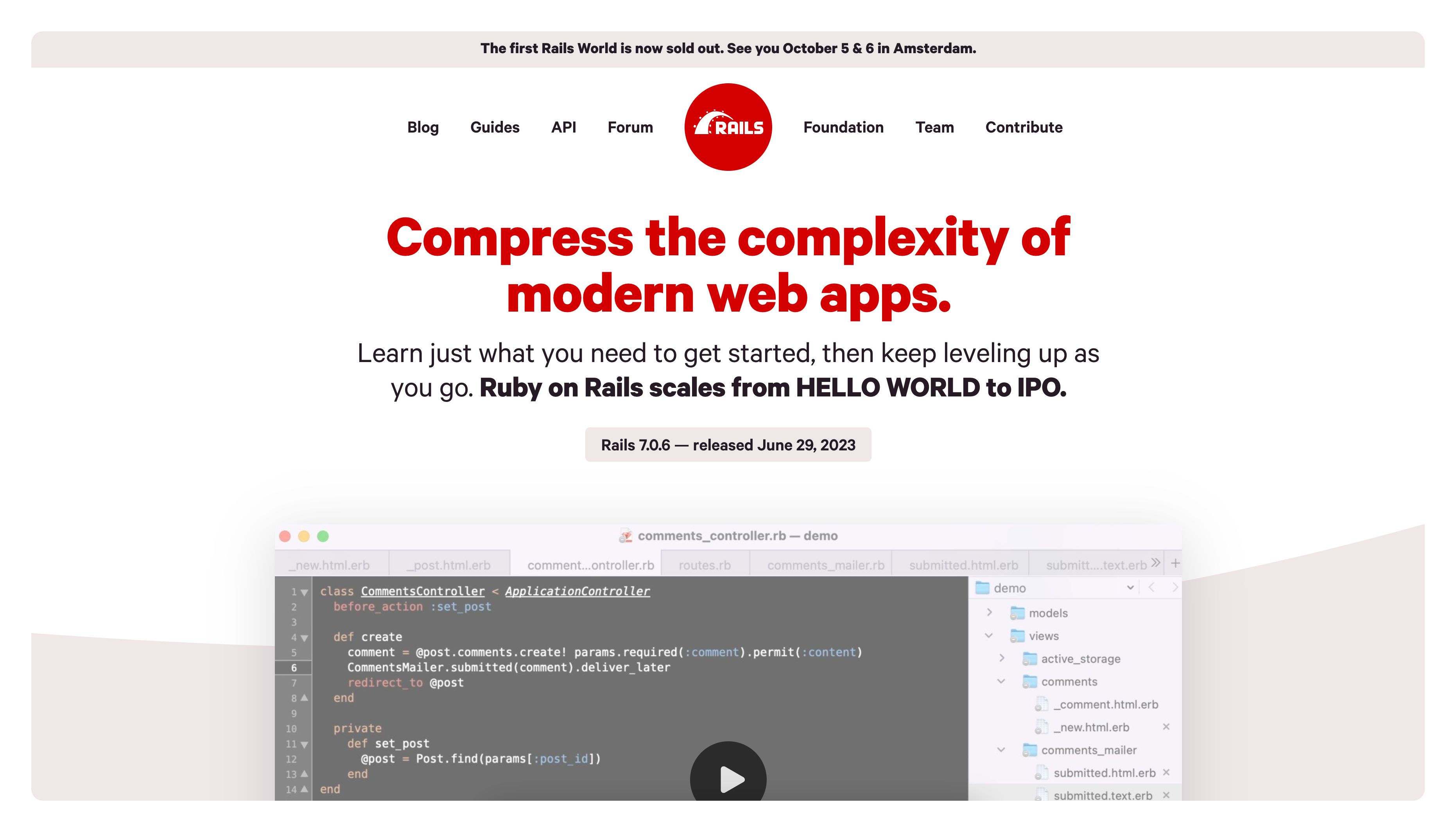 Ruby on Rails Landing Page taken on July 2023