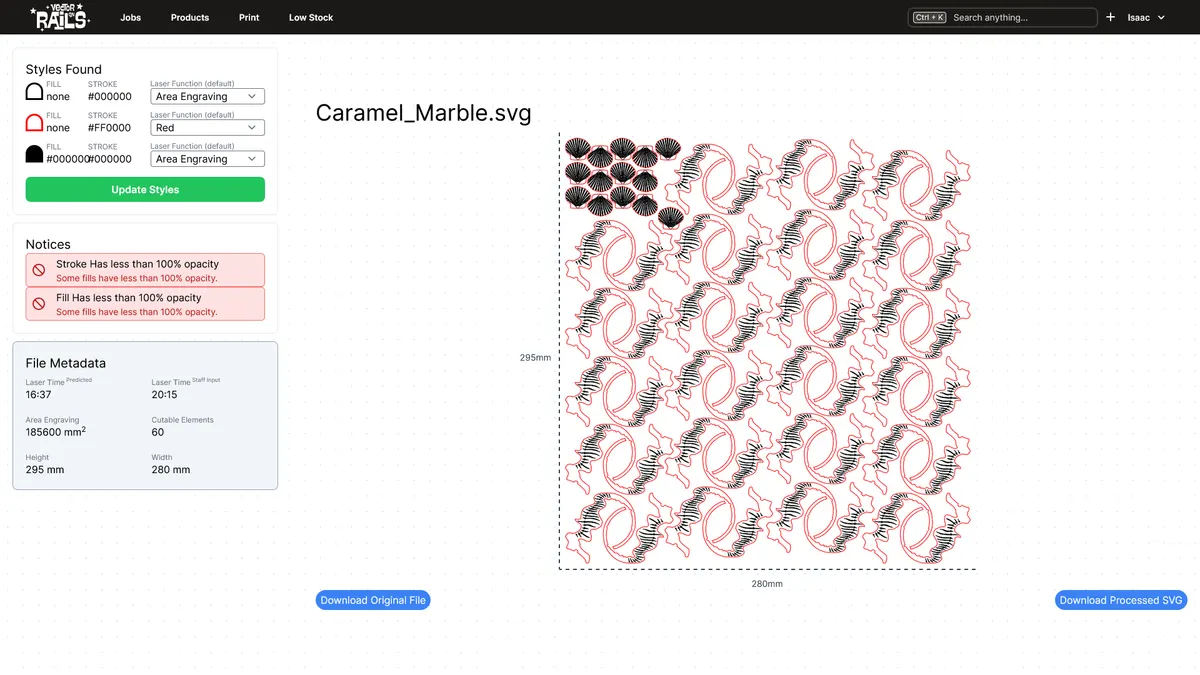 Vector on Rails interface showing an SVG preview, detected styles, opacity warnings and predicted laser time