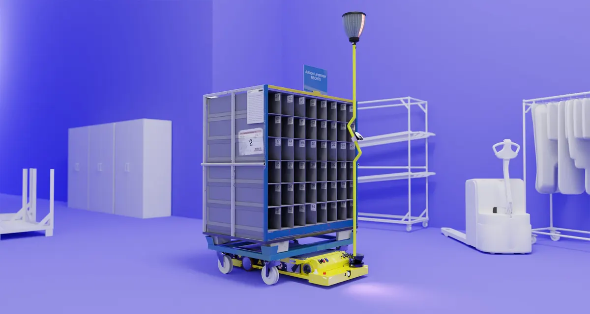 Render of the IW.HUB robot carrying a parts trolley, with the yellow Reflection Flag mast and lamp