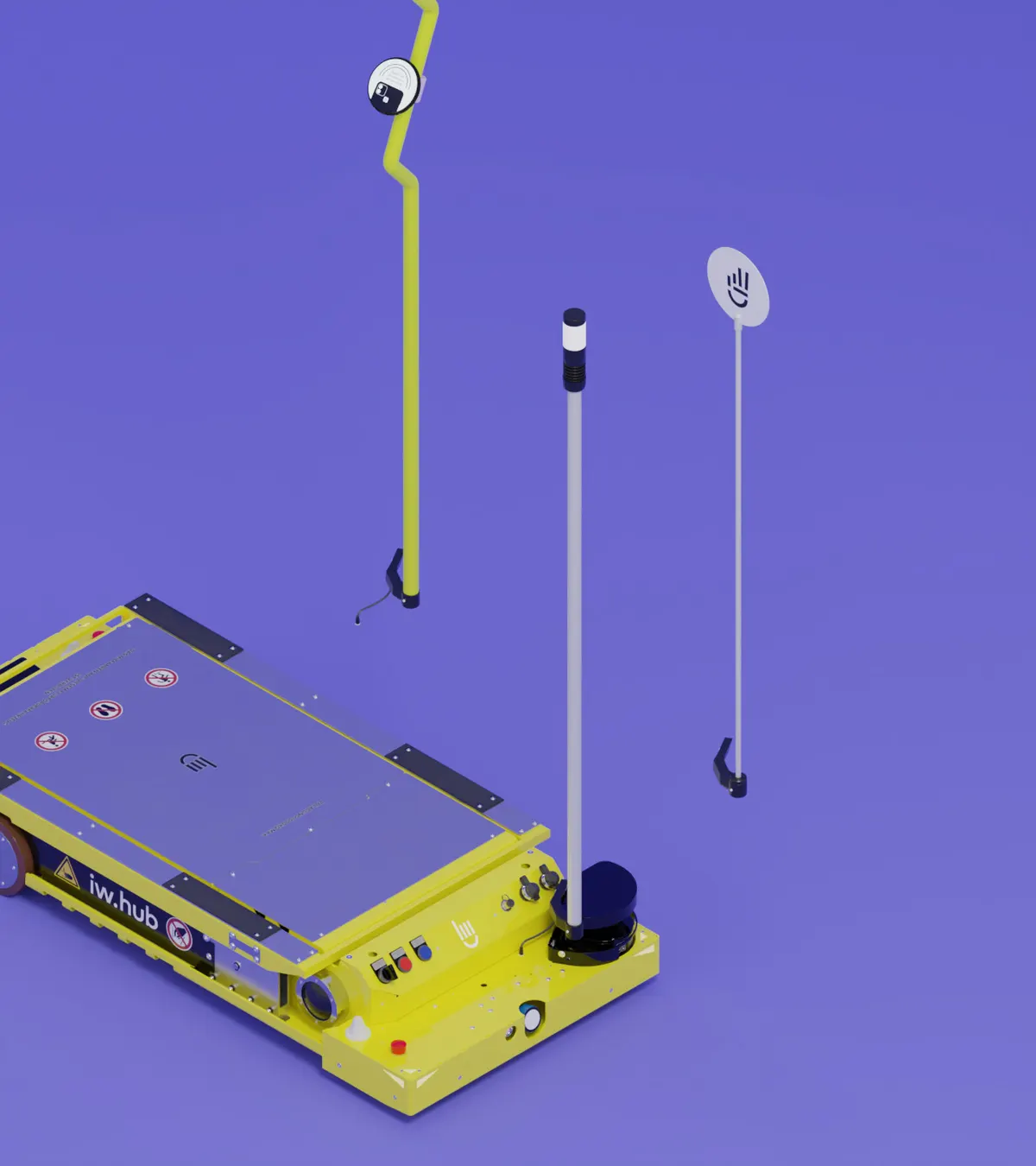 IW.HUB with interchangeable flags floating above it: the yellow Reflection Flag with PUK, the existing light flag and a sign flag