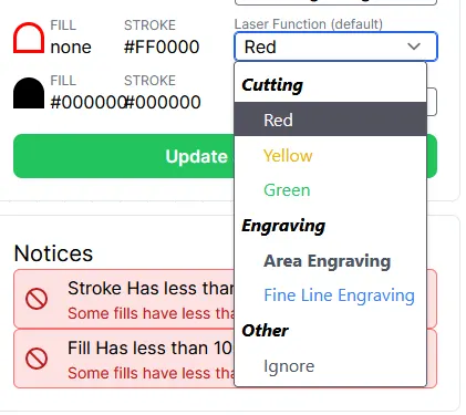 Laser function dropdown offering cutting, engraving and ignore options for a red stroke style