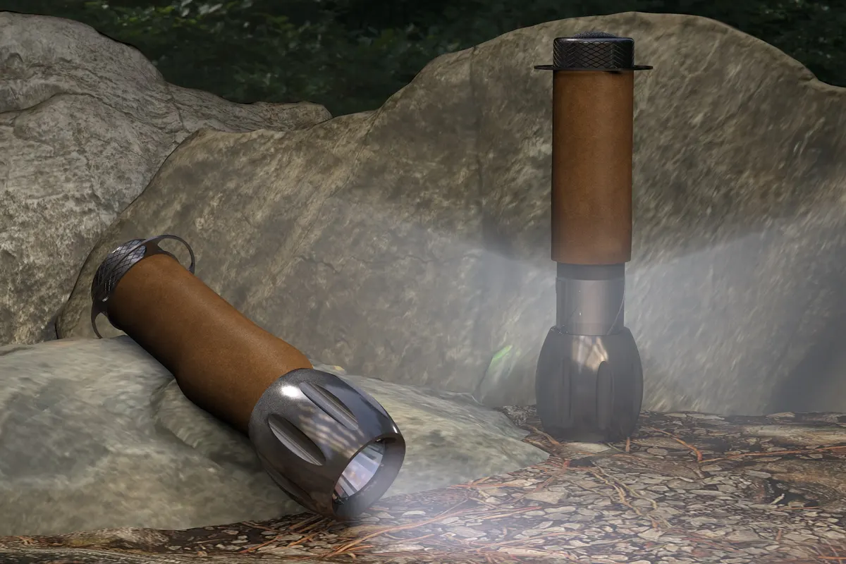 Render of the cork-wrapped hiking torch on rocks, shown lying as a torch and standing upright as a lamp