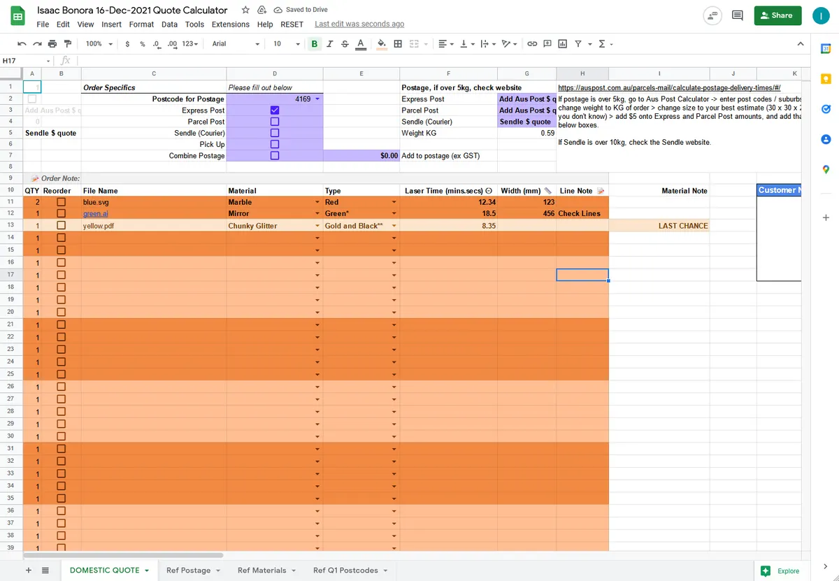 Google Sheets quote calculator previously used to price orders before Lazer.Grub