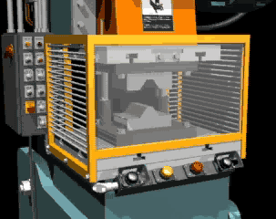 Animation of a stamping press with an orange safety guard pressing a part in its die