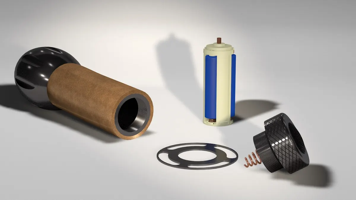 Render of the redesign's four main parts: cork-wrapped body, battery cradle, anchor ring and knurled button