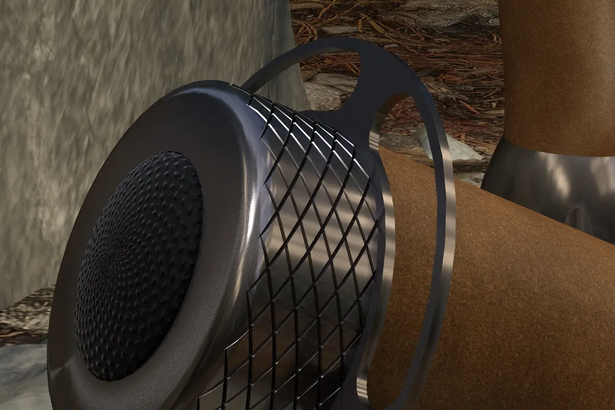 Close-up render of the knurled rear button and stamped aluminium anchor ring with cut-out loops