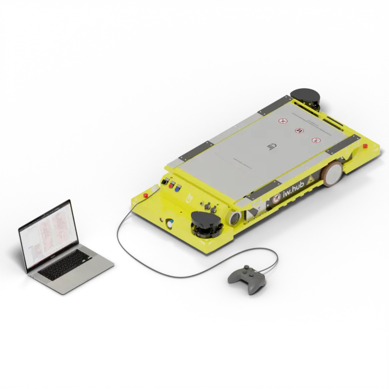 IW.HUB render tethered to an Xbox controller and laptop, showing today's specialised manual-control equipment