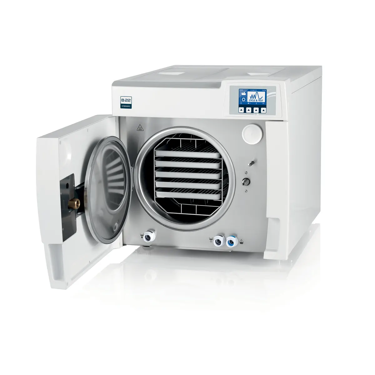 Benchtop autoclave with its door open, showing the steriliser chamber and instrument trays