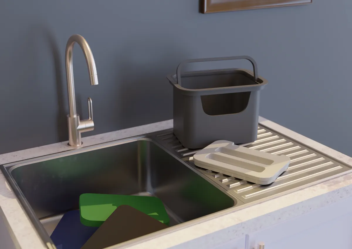 Render of the Grey Cycle's removable filter tray and parts being cleaned in a laundry sink