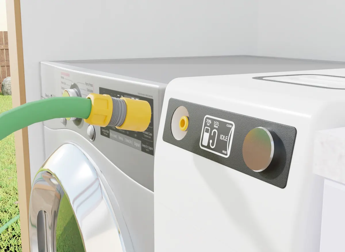 Close-up render of the Grey Cycle display showing tank level and weekly litres, with a garden hose attached