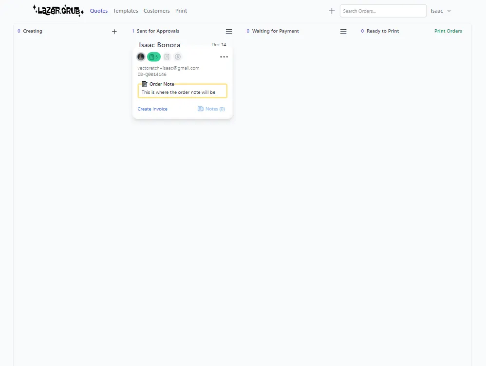 Early Lazer.Grub kanban board showing a single quote card with an order note