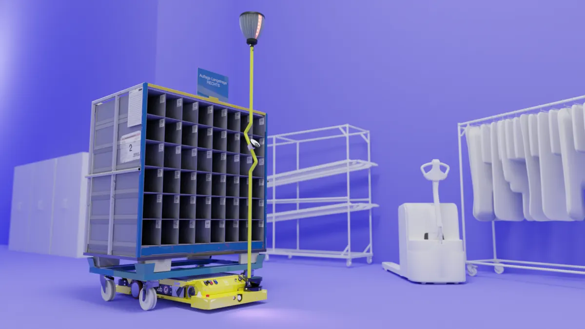 Render of the IW.HUB carrying a parts trolley, with the Reflection Flag mast and glowing LED head beside it
