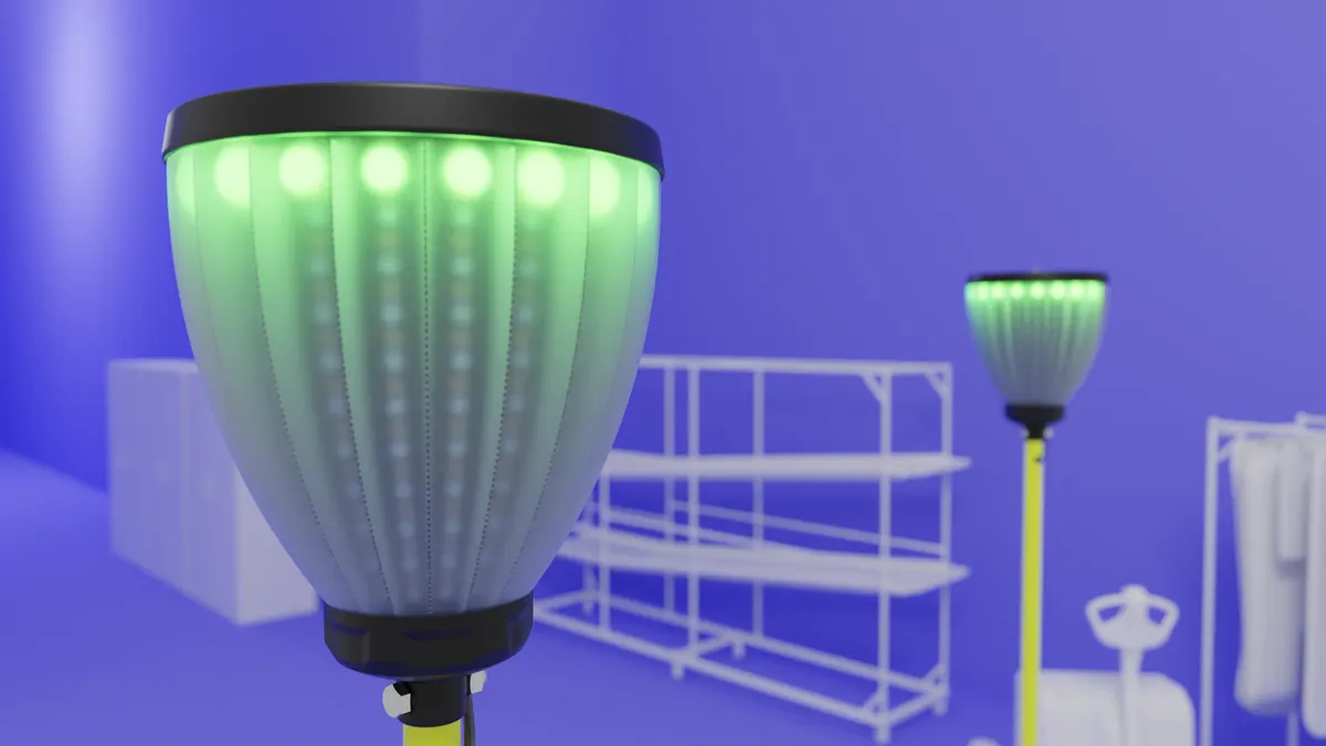 Render of the Reflection Flag mast head glowing green with RGB LEDs above a warehouse floor