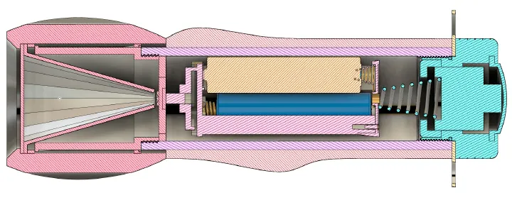 Colour-coded cross-section of the redesigned torch showing head reflector, battery cradle, springs and rear button