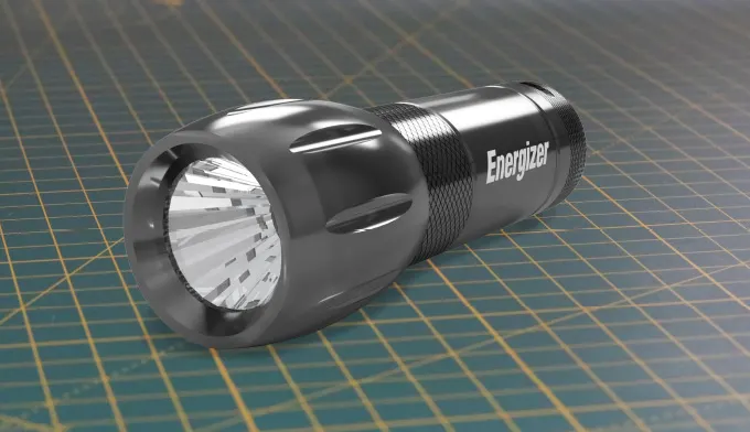 CAD render of the reconstructed original Energizer compact torch on a cutting mat