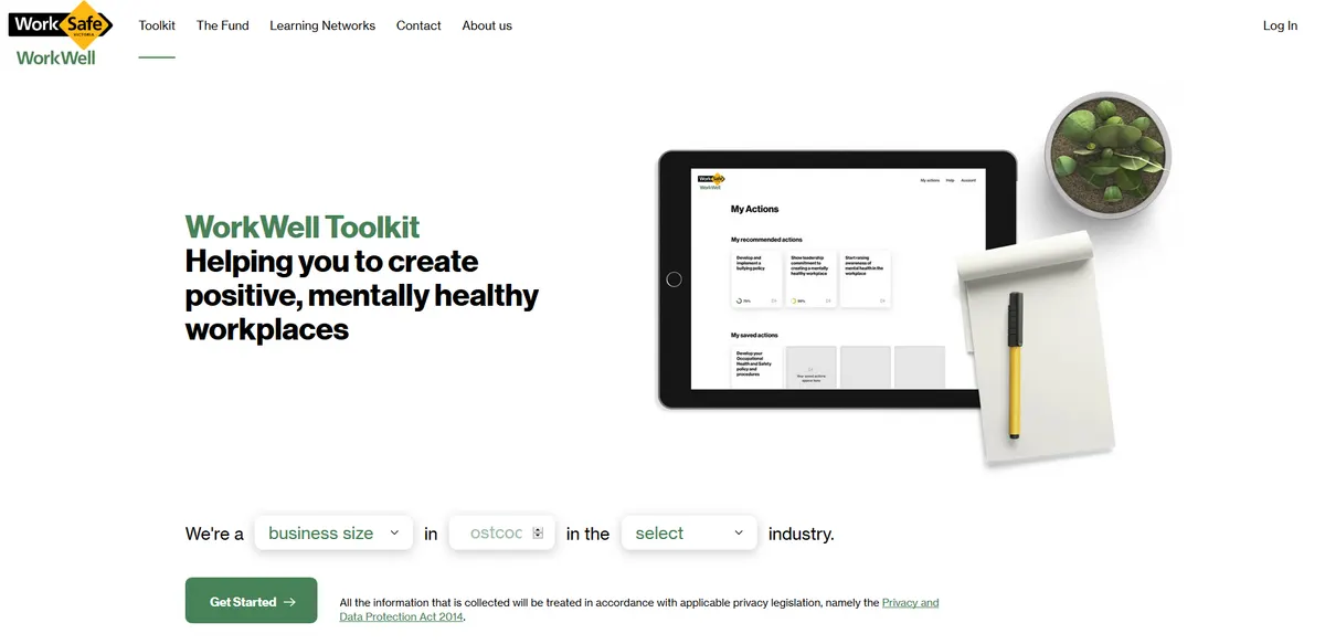 Worksafe Workwell website screenshot. URL: www.workwell.vic.gov.au/toolkit