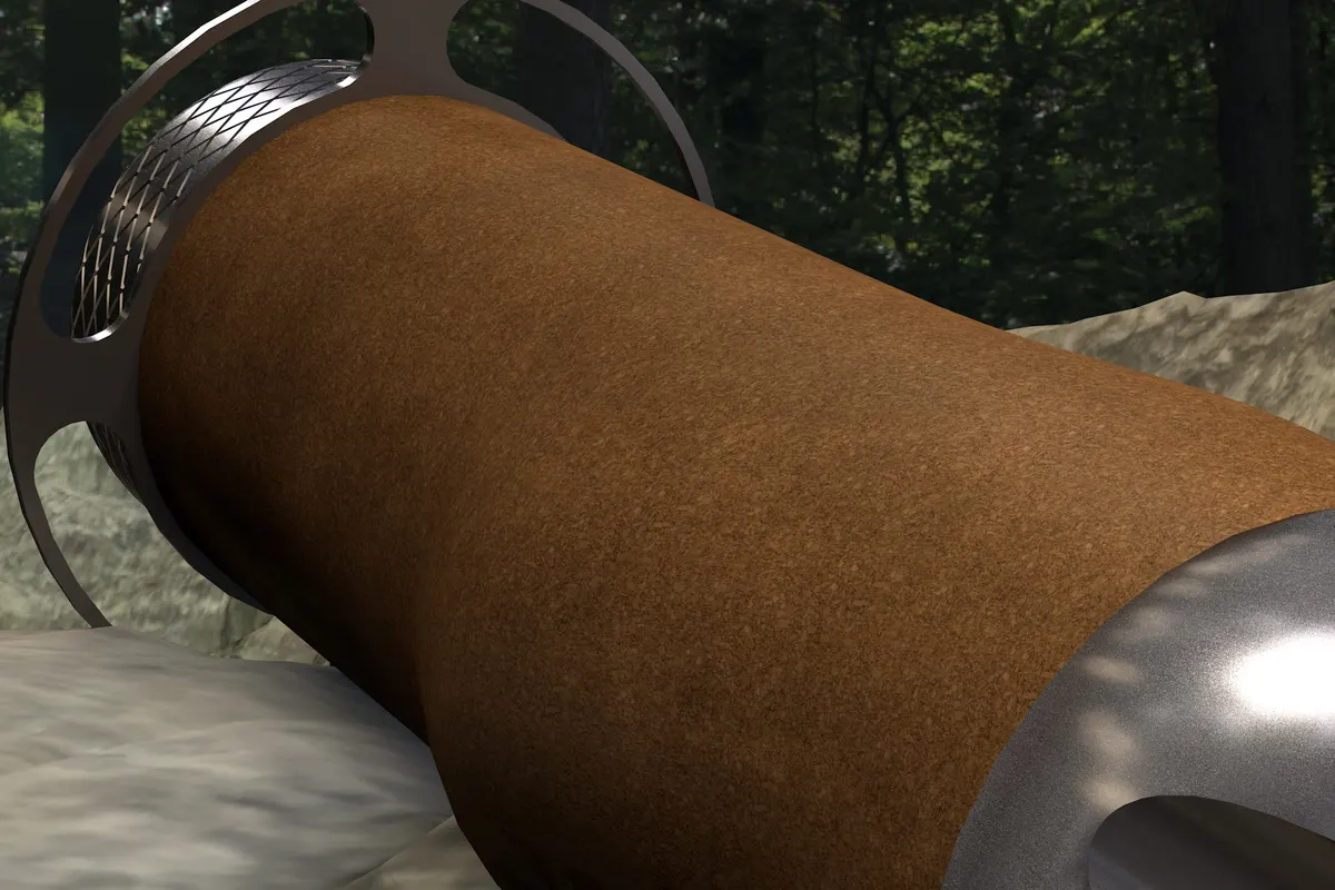 Close-up render of the injection-moulded cork grip running between the anchor ring and metal head