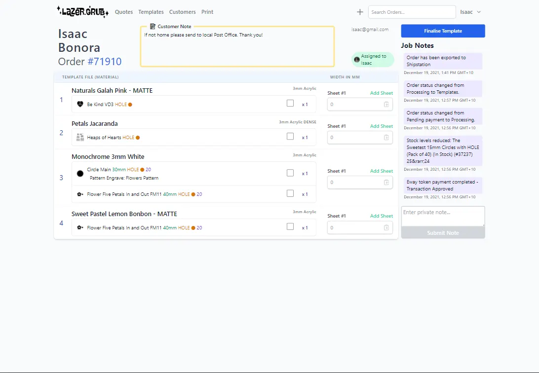 Lazer.Grub template view listing an order's files grouped by material with width inputs and job notes