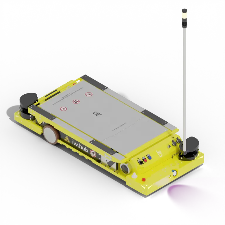 Render of the yellow IW.HUB robot with its existing slim signal-light flag mounted on one corner
