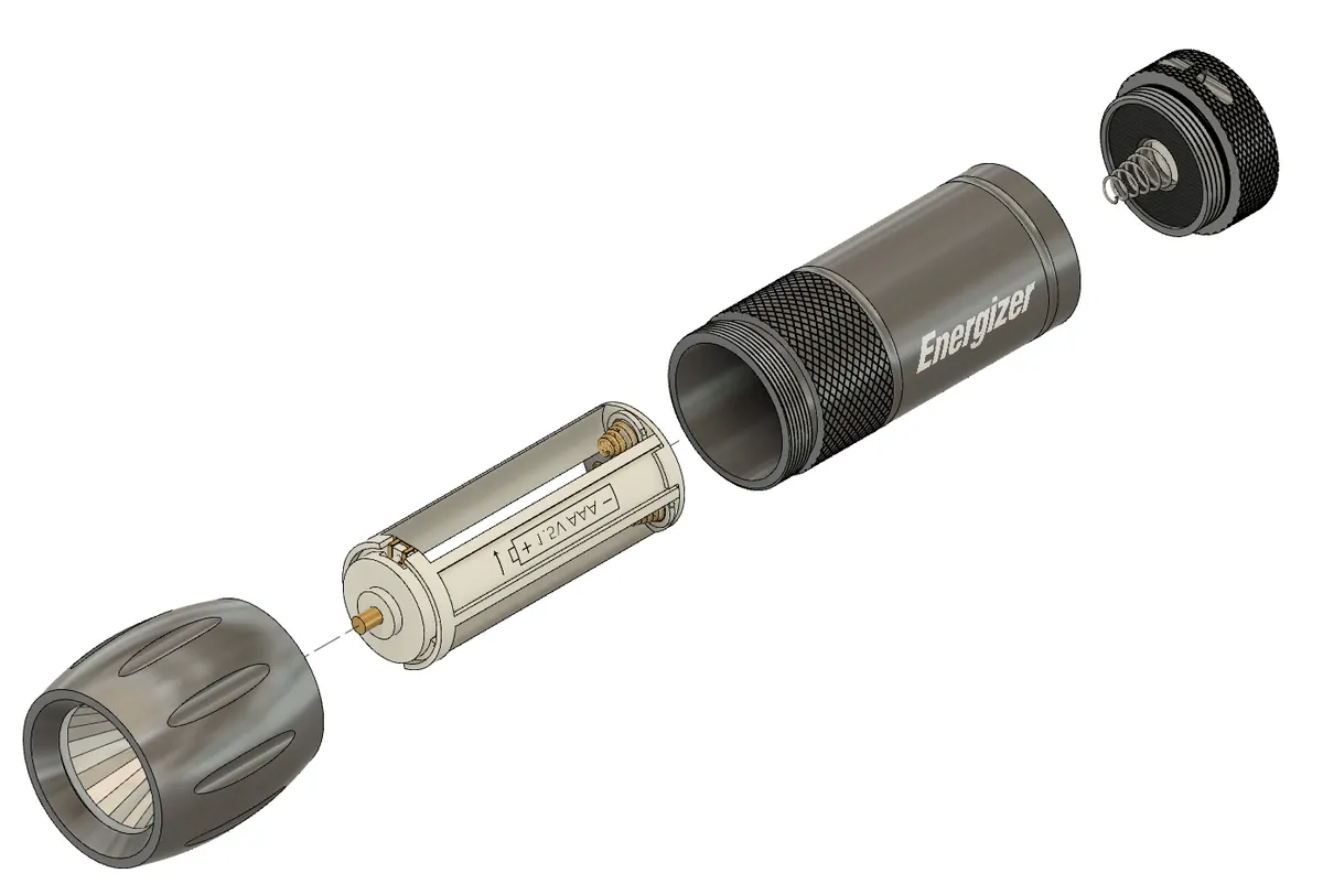 Exploded CAD view of the original torch: head, AAA battery cradle, knurled body and spring tail cap