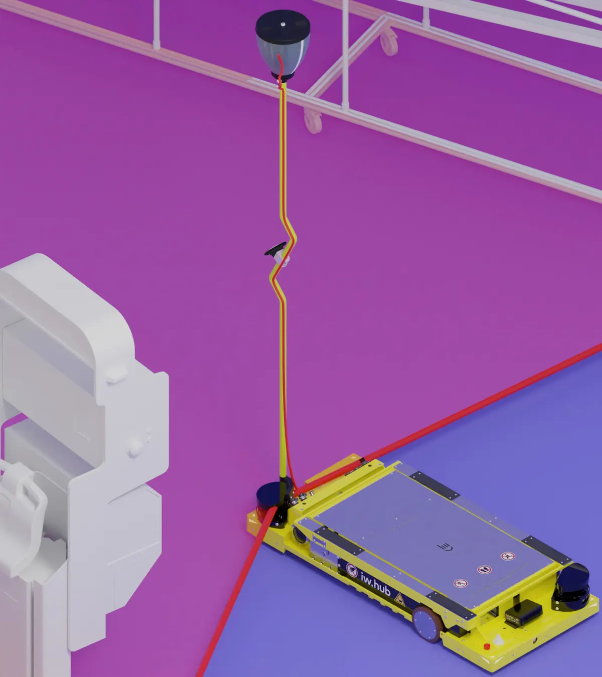 IW.HUB with the Reflection Flag, a red line tracing the data connection from robot through mast to the LED head