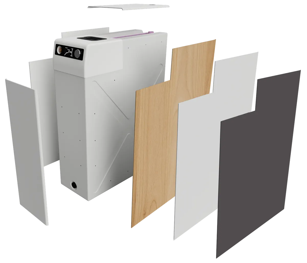 Exploded render of the Grey Cycle unit with removable side panels in white, timber and dark finishes