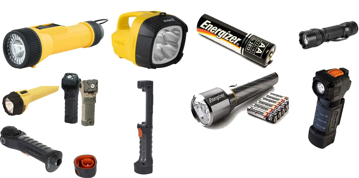 Collage of existing Energizer products, including yellow Dolphin torches, headlamps, work lights and AA batteries