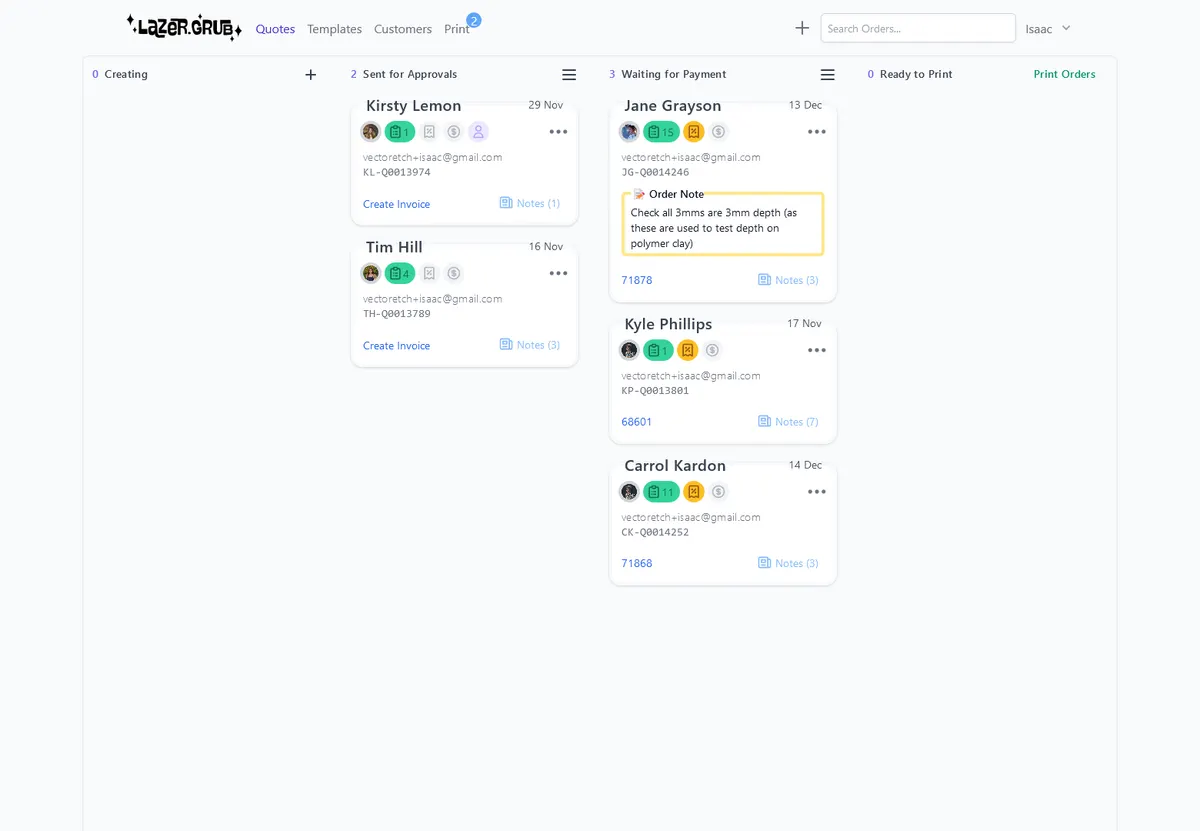 Lazer.Grub quotes kanban board with order cards sorted by approval, payment and print status