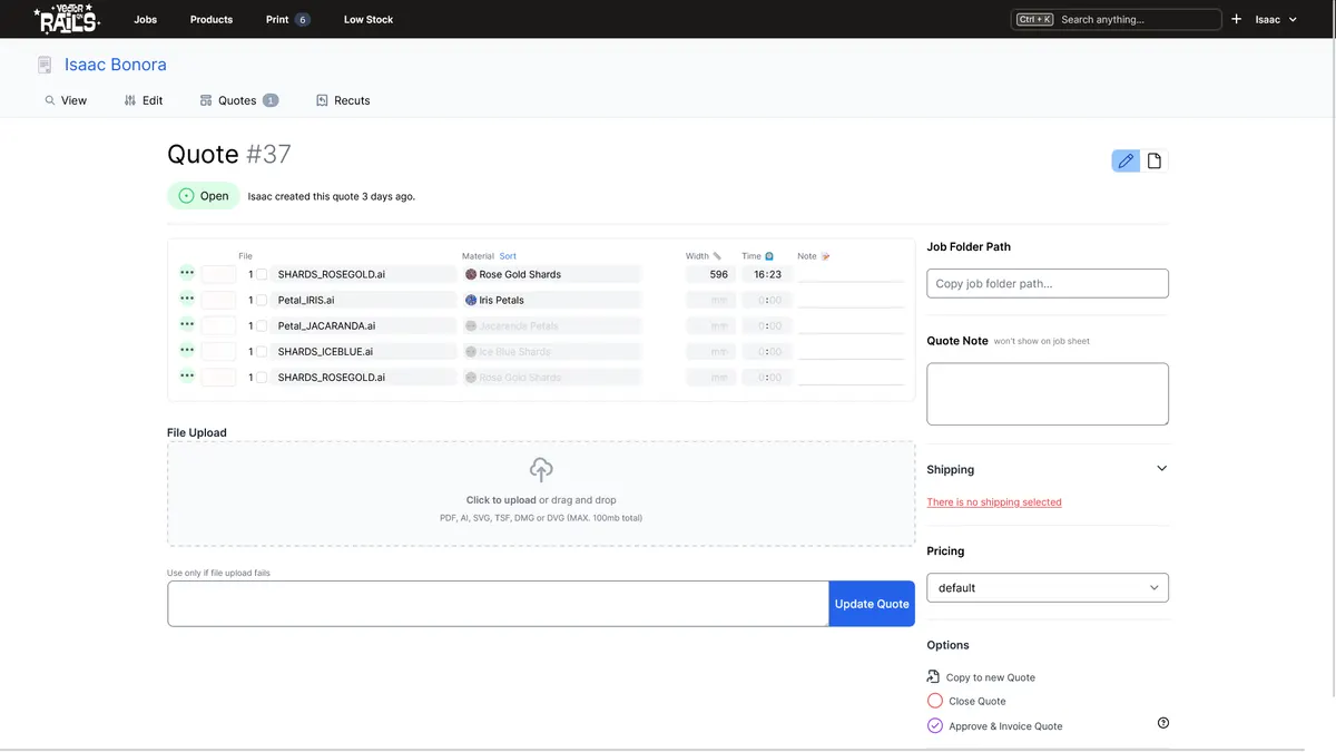 Vector on Rails quote screen listing uploaded laser files, materials, times and pricing options